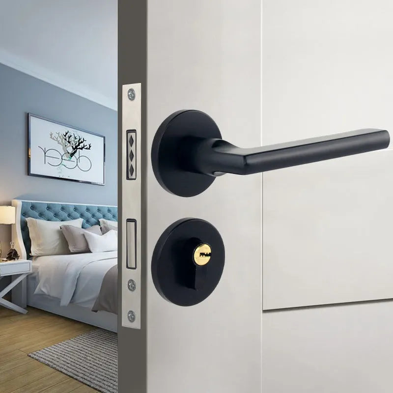 Aluminium split magnetic door lock handle for timber doors in black and silver finish.
