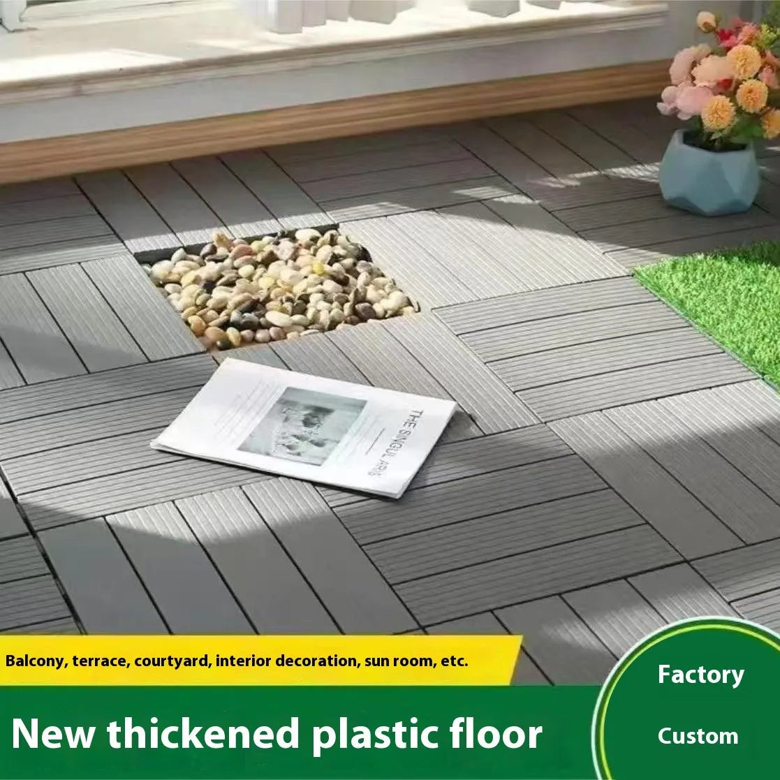 Wood grain plastic floor tiles showing splicing design and non-slip surface texture