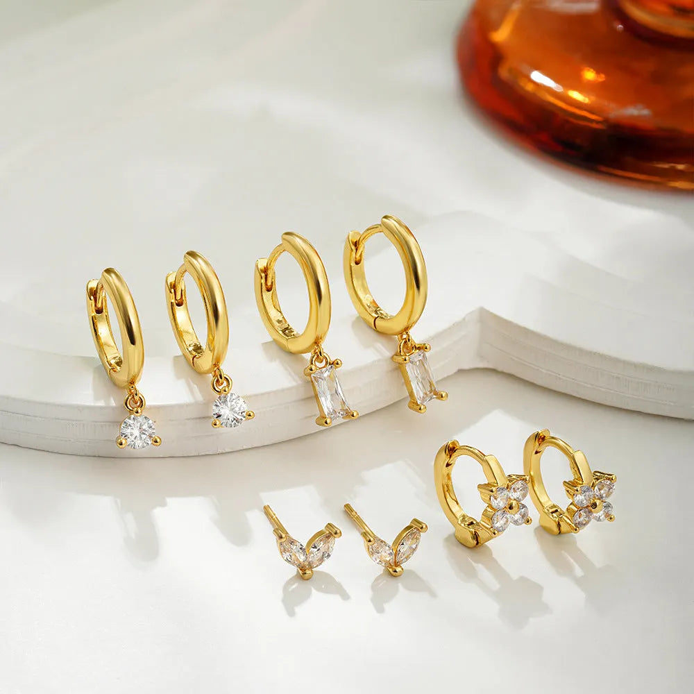Copper geometric earrings four-piece set with star and shape designs in gold or silver electroplated finish