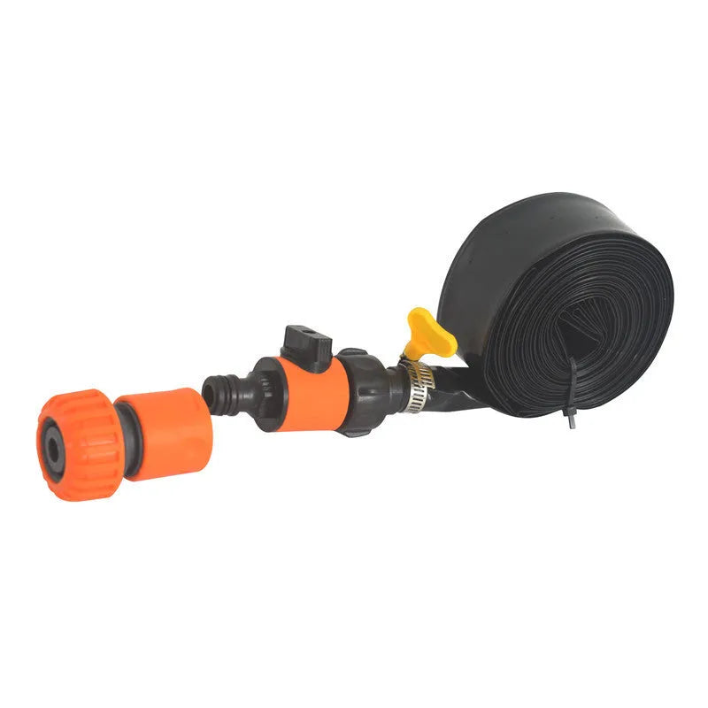 Blue portable garden sprinkler with solar water cooling system and PVC hose