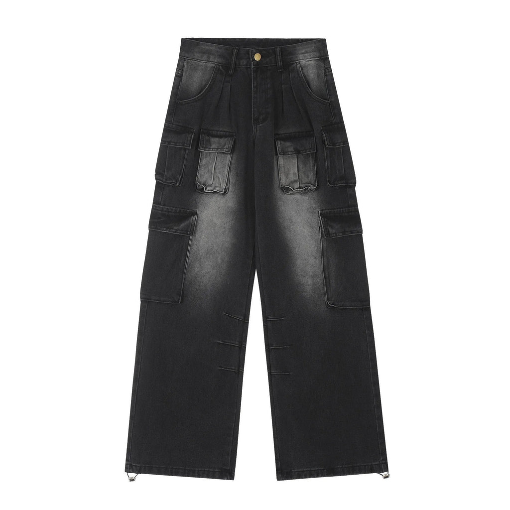 Loose fit distressed denim jeans with multiple pockets in light blue wash