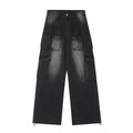 Loose fit distressed denim jeans with multiple pockets in light blue wash