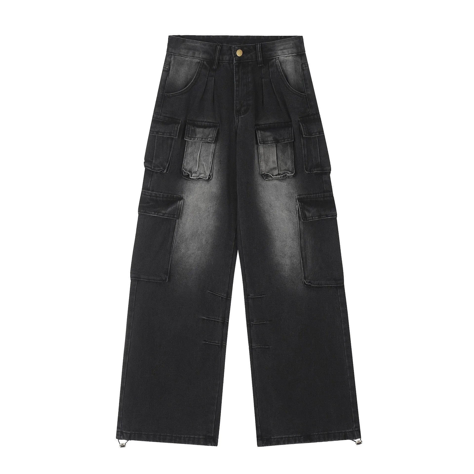 Loose fit distressed denim jeans with multiple pockets in light blue wash