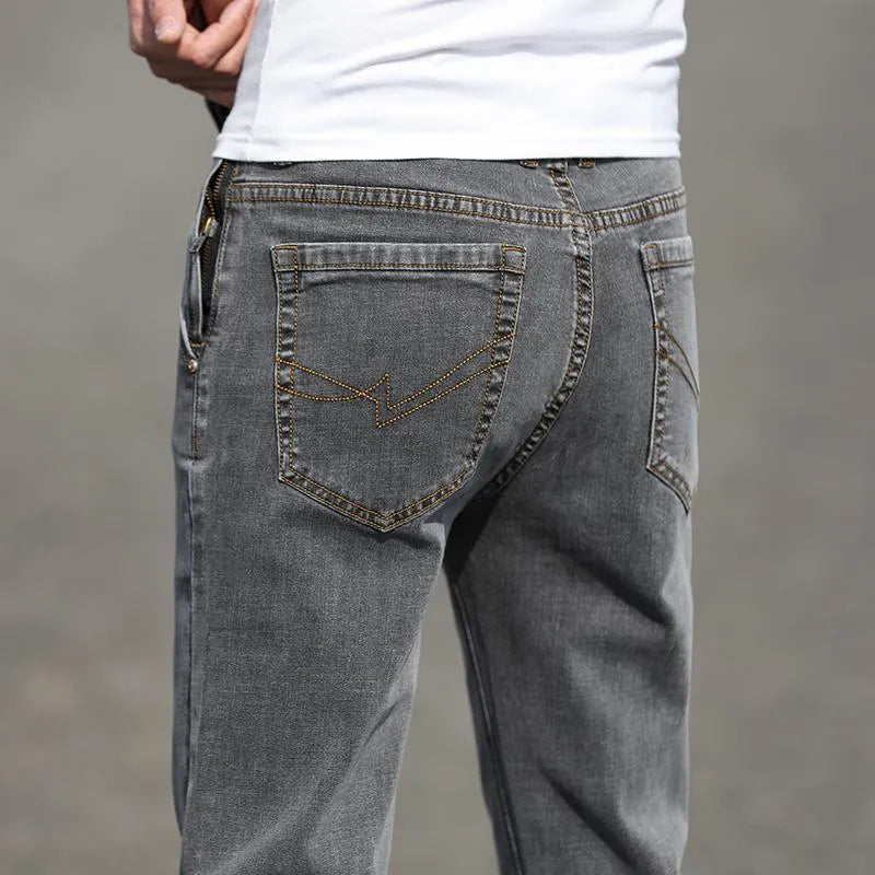 Men's smoky gray rabbit fur elastic jeans straight leg low waist design front view