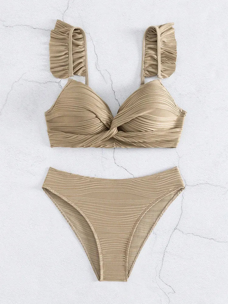 Solid colour women's bikini swimsuit in black or khaki with polyester construction