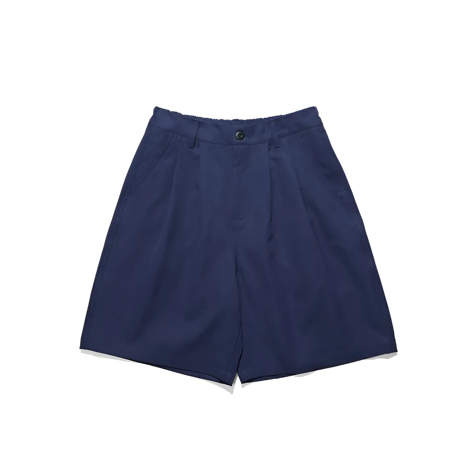 Loose straight drooping suit shorts in light grey, front view, with micro-elastic waist and retro style
