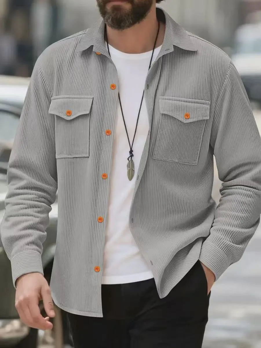 Men's corduroy solid colour jacket in army green, simple style, Asian sizing