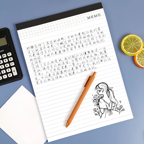 A4 tearable notebook with grid-lined ivory paper and a paper cover, showing wireless adhesive binding