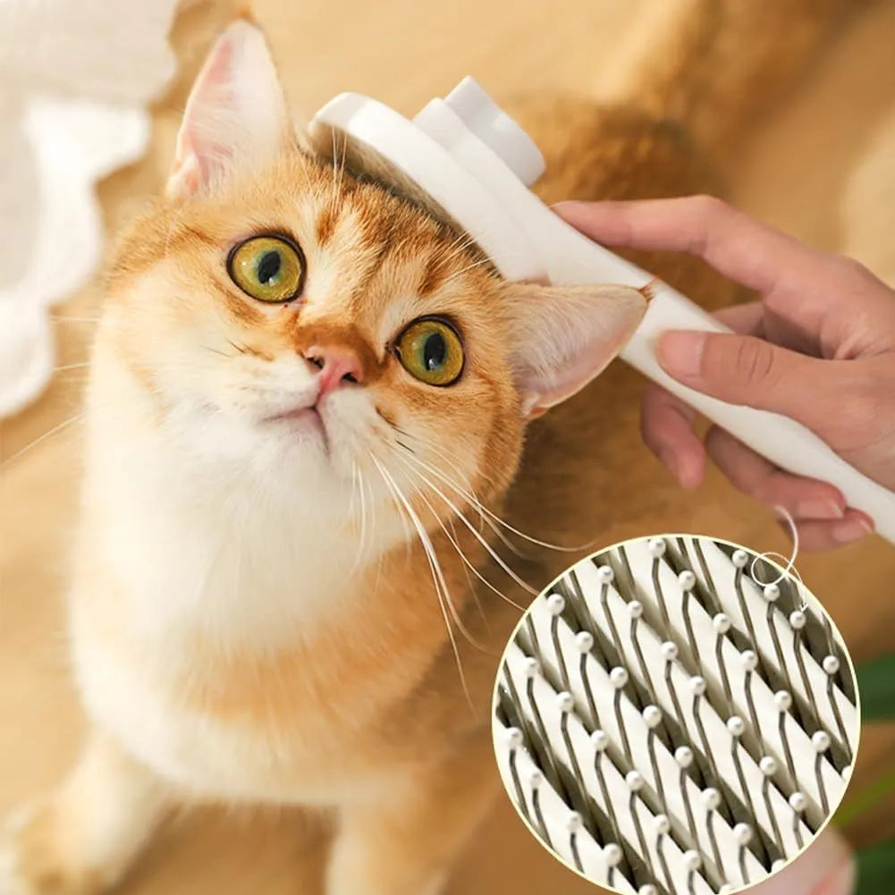Blue self-cleaning pet grooming brush with rubber handle and metal pins with rubber tips.
