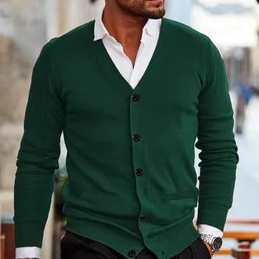 Men's slim fit acrylic cardigan sweater in beige colour, shown on a model.
