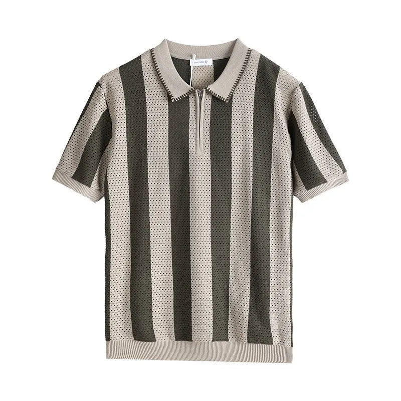 Men's black and white striped short sleeve summer sweater with zipper decoration detail