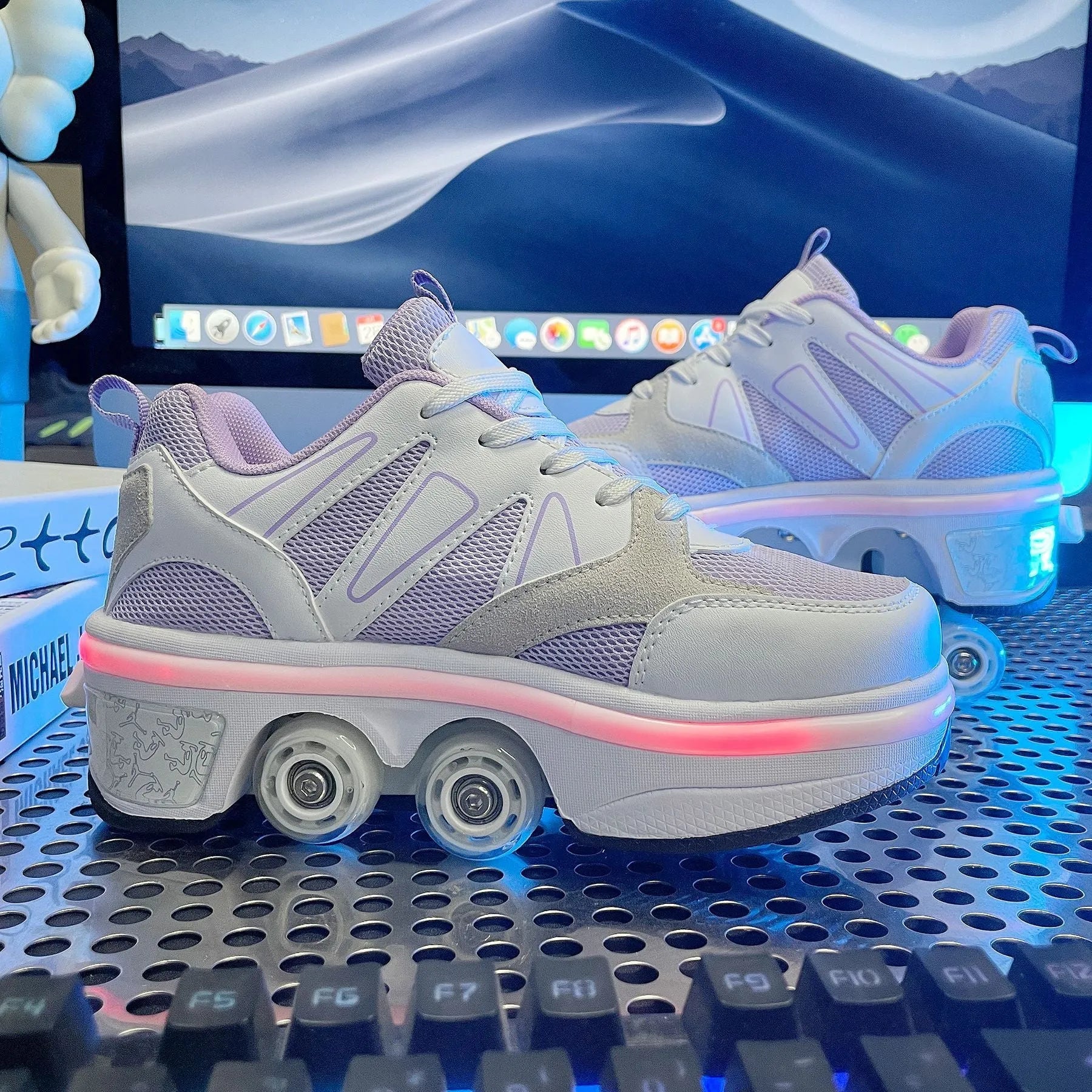 Four Wheel Rampage roller skates with seven-colour breathing light, double-row PU wheels, grape purple colour variant