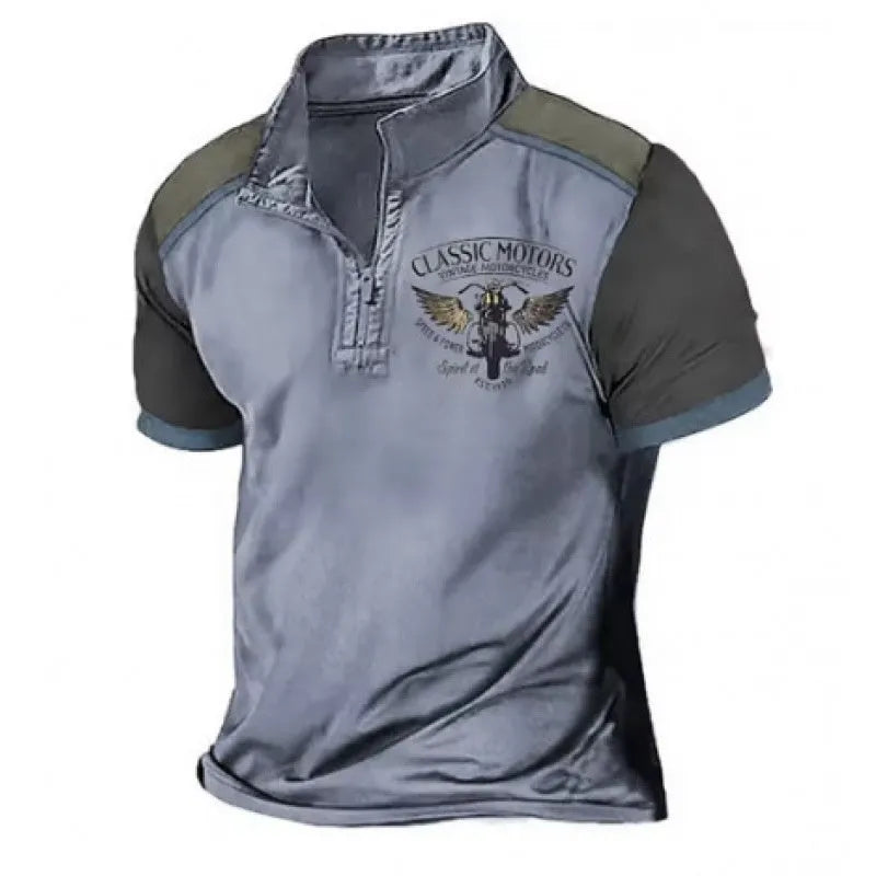 Men's 3D printed golf polo shirt in loose fit pullover style with solid colour background