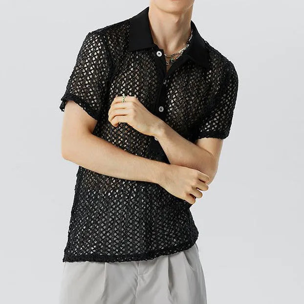 Men's solid black polyester jacquard lapel knitwear sweater for teenagers, front view, size L
