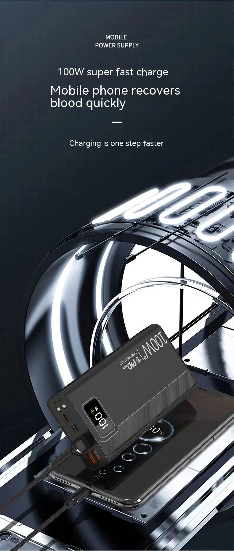 Black and white plastic power bank showing dimensions of 150 by 76 millimetres