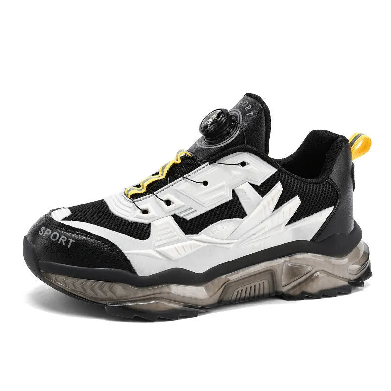 Men's black rotating button dad shoes with mesh upper and platform sole on a white background.