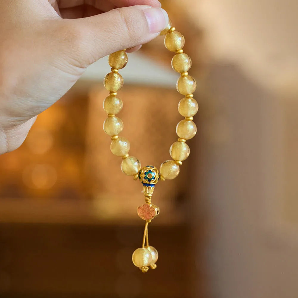 Natural stone beaded mixed stitching bracelet with 10mm gold foil and pink agate beads, flower style