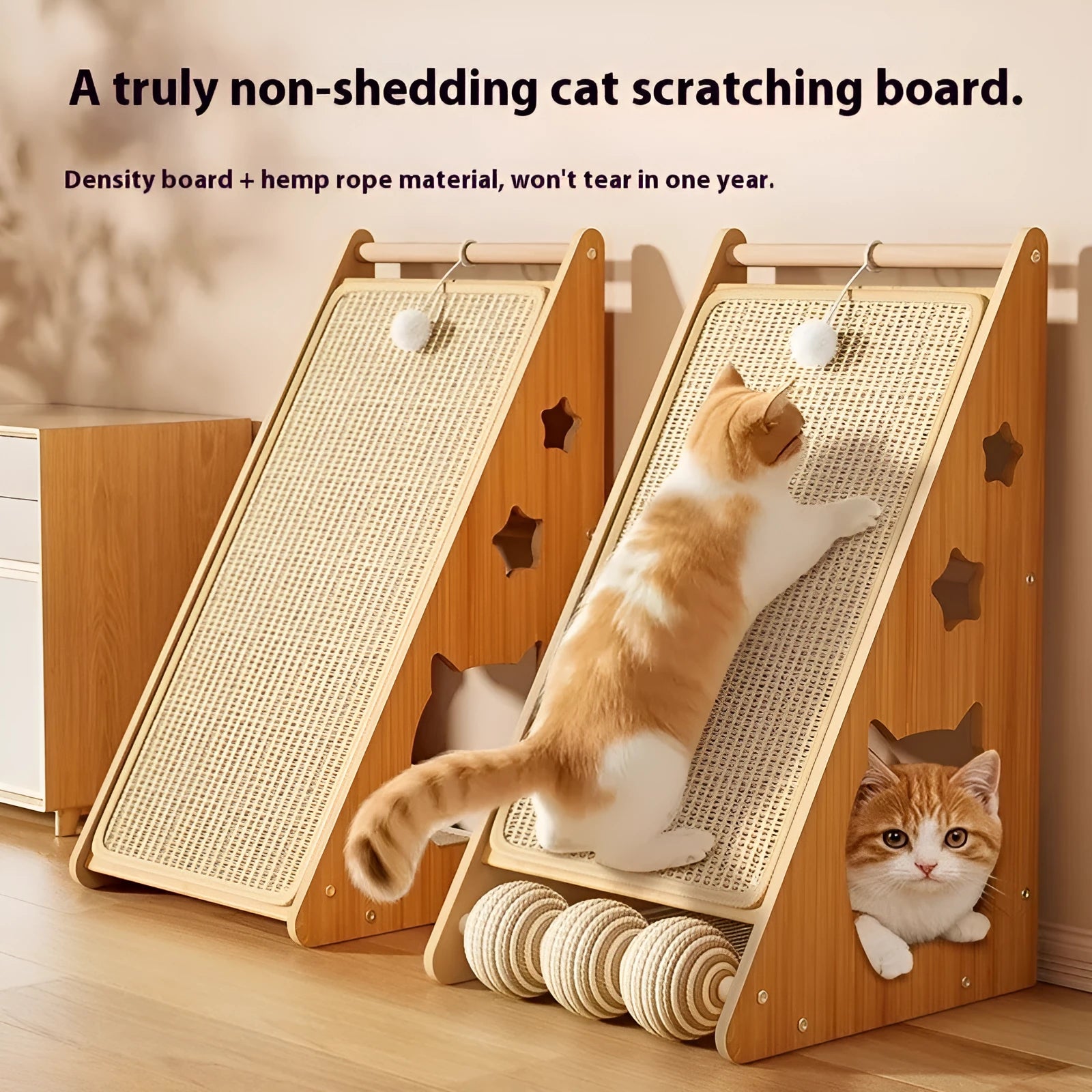 Vertical wall-mounted cat scratch board with sisal surface and cat teasing ball with hemp rope