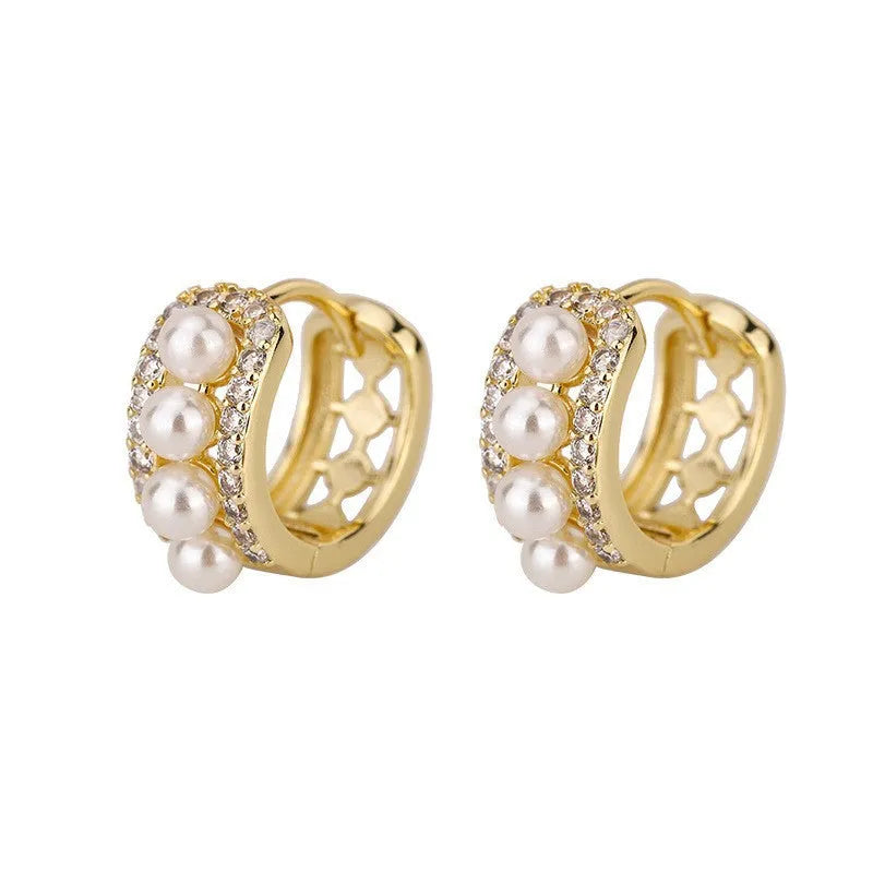 Light luxury French pearl earrings in platinum colour, copper geometric double ring with help diamond, micro inlay finish