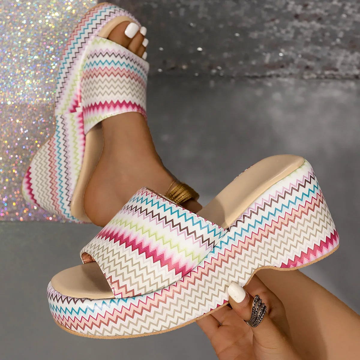 Women's beige wedge sandals with a blue and pink wave print design, thick rubber sole, and fish mouth toe.