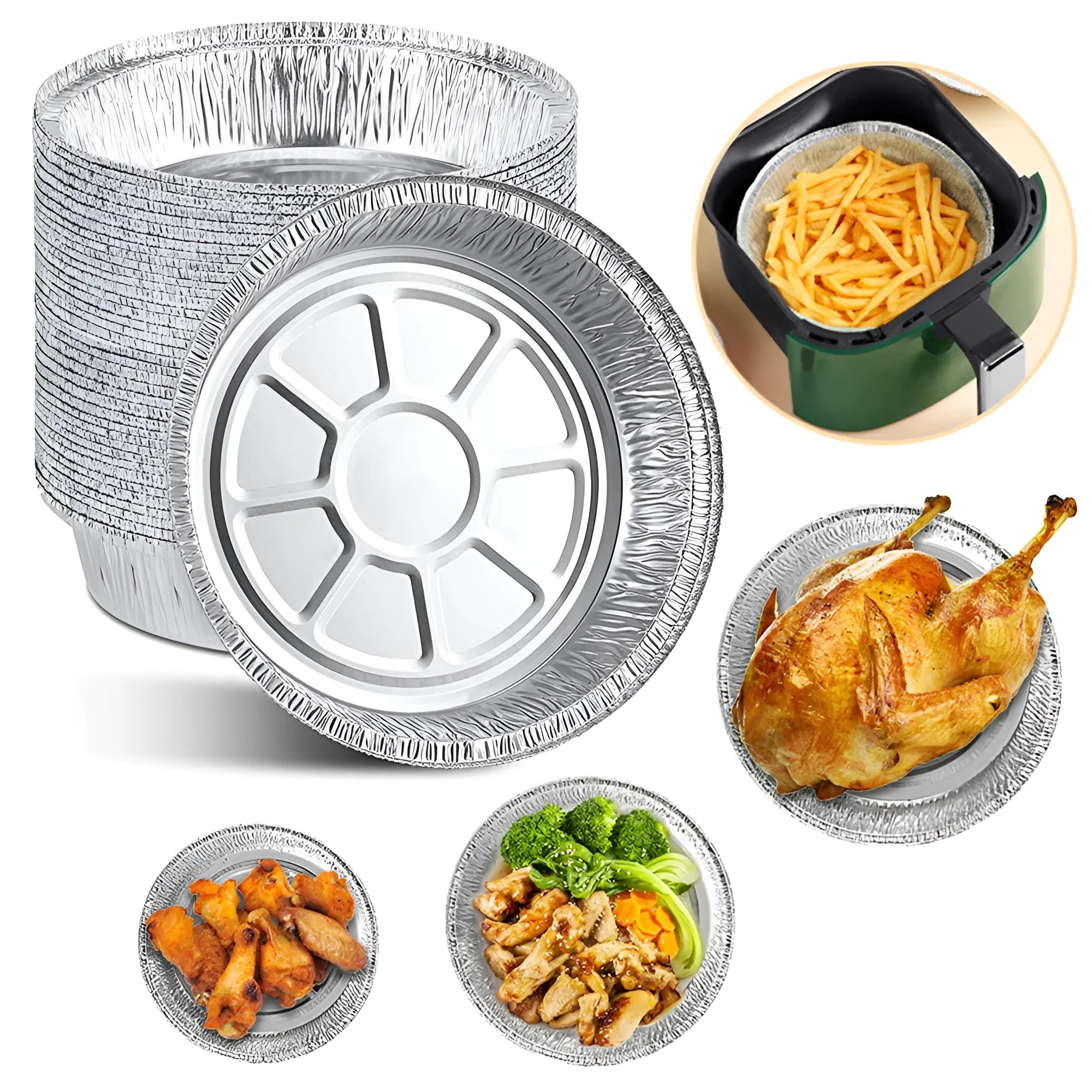 Round disposable aluminium foil liner for air fryer with 4cm high edges, 8 inch size, on a white background