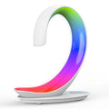 White swan-shaped desktop lamp with wireless charging pad, Bluetooth speaker and colourful atmospheric lighting effects