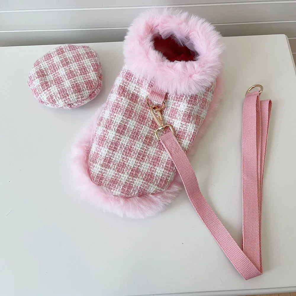 Pink polyester cat costume with beret and cape, adjustable with drawstring, available in XS S M L XL sizes