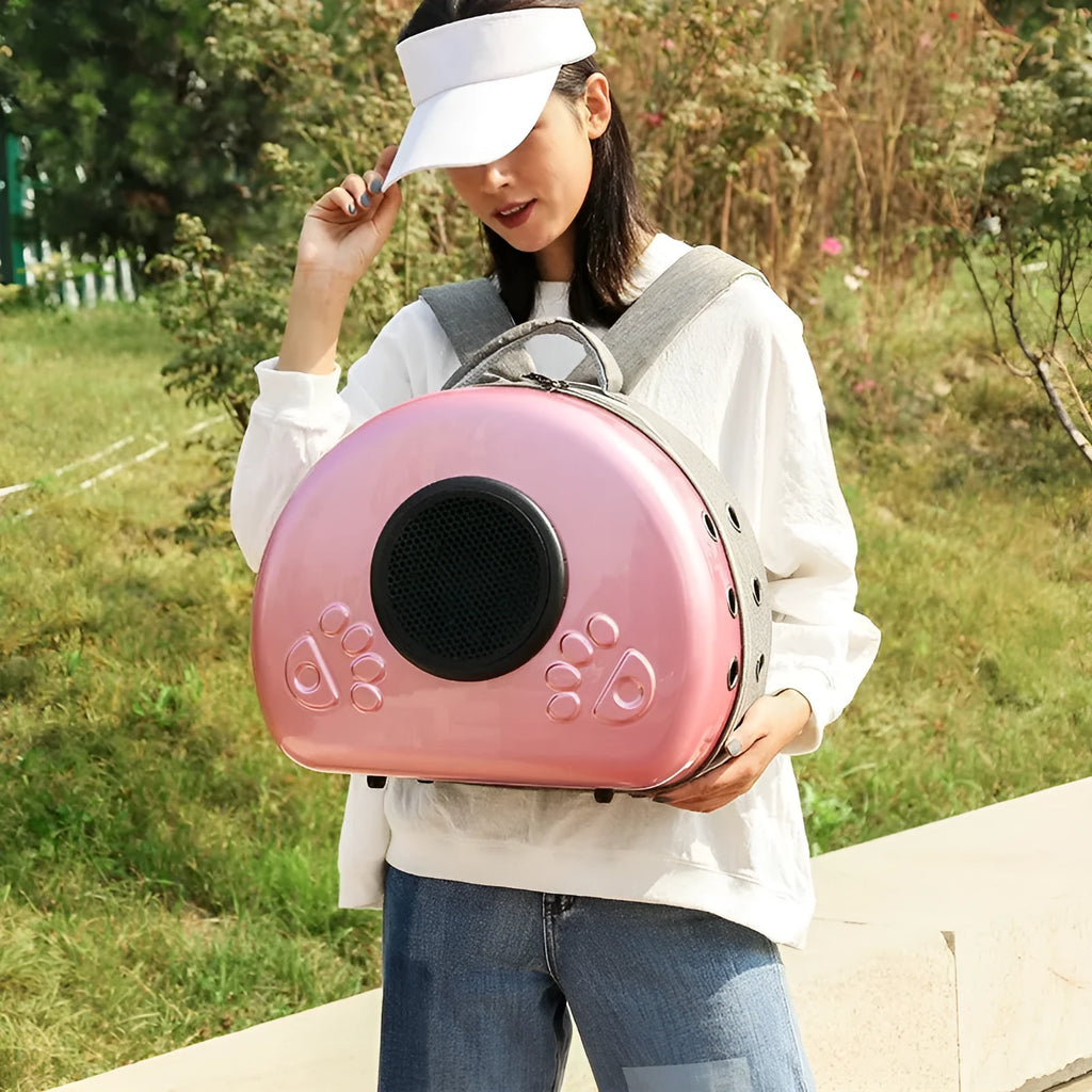 Transparent space capsule style cat carrier bag with breathable design and rose gold front cover.