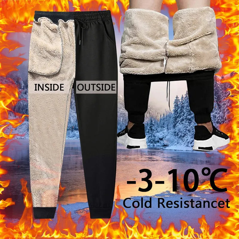 Black fleece lined straight tube trousers with drawstring elastic waist, zippered fly, and belt, sizes M to 5XL