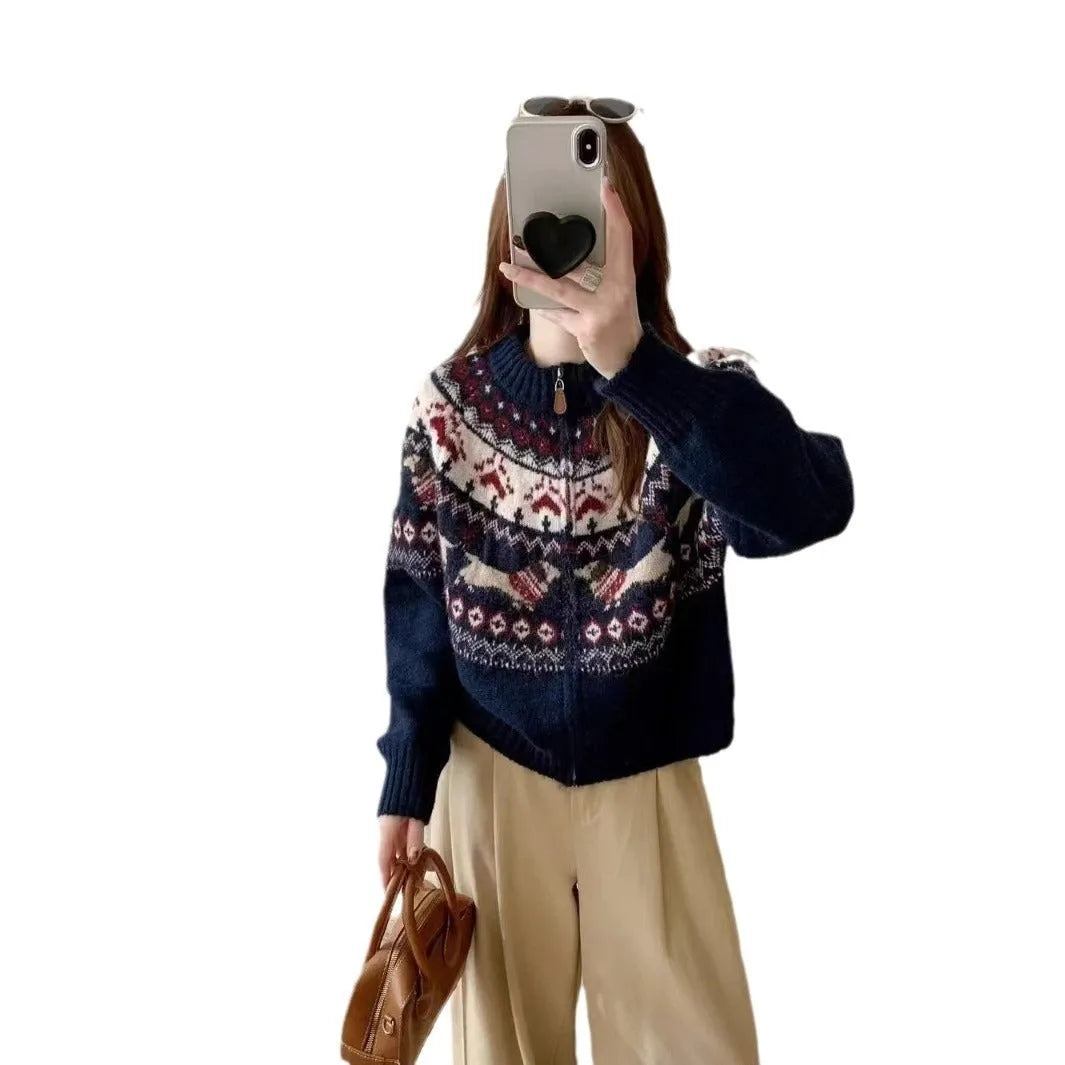 Ethnic style jacquard pullover sweater with 3D pattern in loose fit showing apricot and navy blue colour options