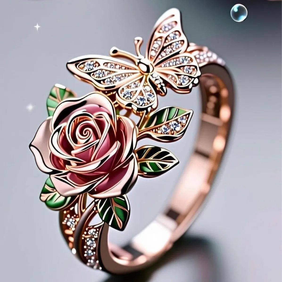 Colourful adjustable butterfly ring with floral details and a dripping oil finish.