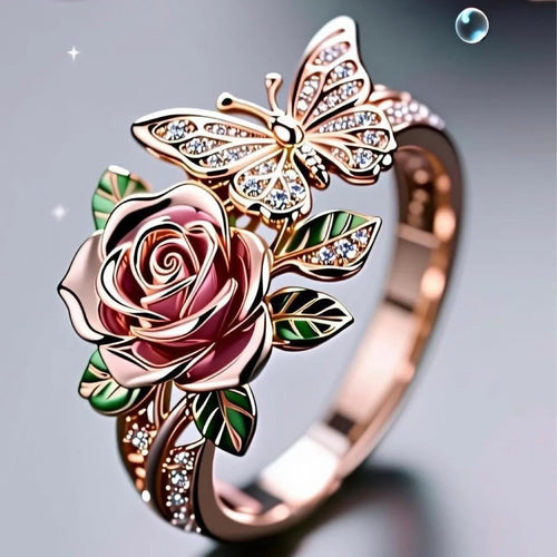 Colourful adjustable butterfly ring with floral details and a dripping oil finish.