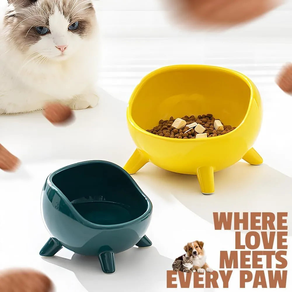 Green ceramic pet bowl with four legs and wide-mouth design for cats and small dogs