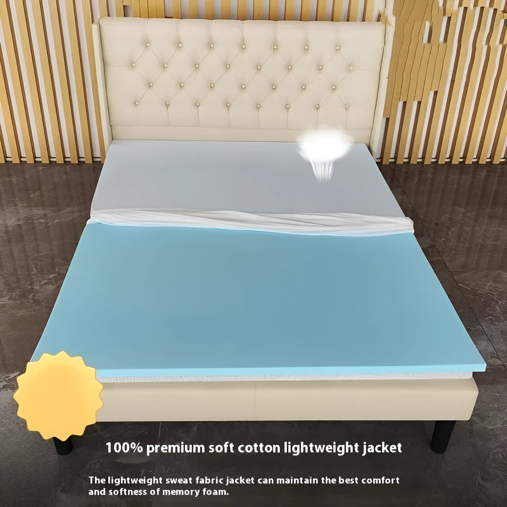 Thin gel memory cotton tatami mattress on a tatami floor, showing side profile to illustrate 2cm, 3cm, or 5cm thickness.
