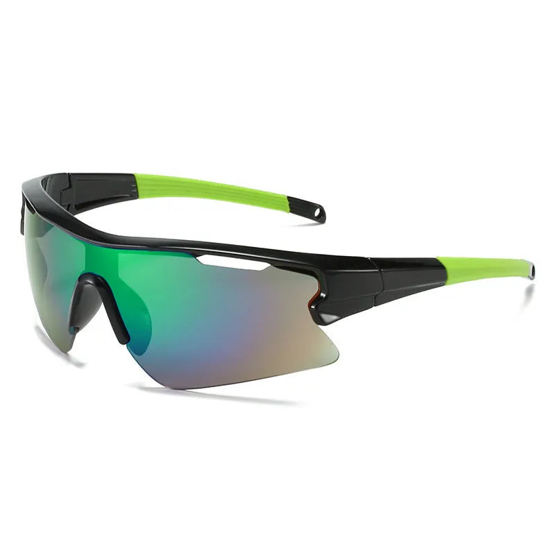 Windproof sports cycling sunglasses in black frame with grey lens on outdoor background.