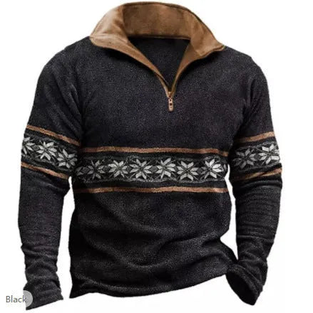 Men's long sleeve t-shirt with retro colour printing and striped zipper decoration on polyester bird eye cloth