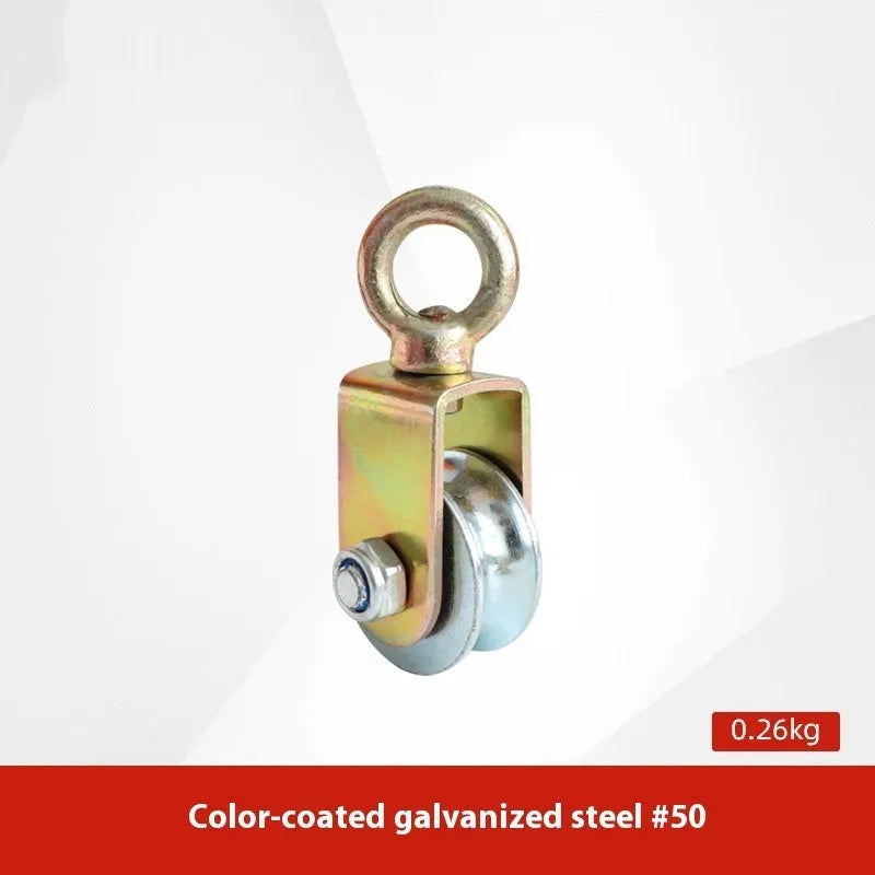 Red industrial lifting pulley with a forged steel safety hook and single wire rope wheel.