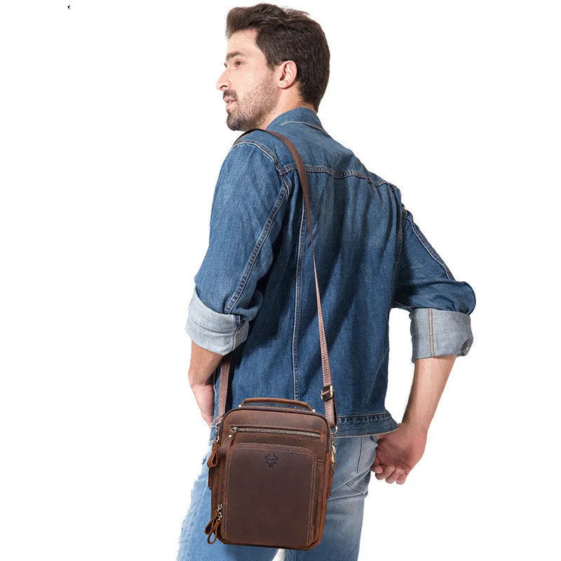Men's genuine leather crossbody bag in retro style with single-shoulder design