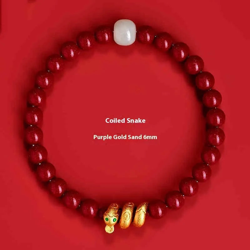 Handmade red cinnabar bracelet with snake zodiac beads, shown in 6mm and 8mm size options.