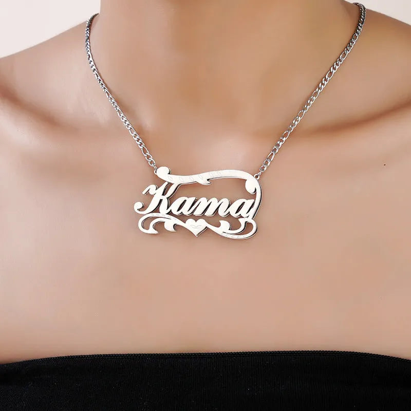 Customised double-layer wave heart stainless steel necklace in gold and silver colour options on a plain background