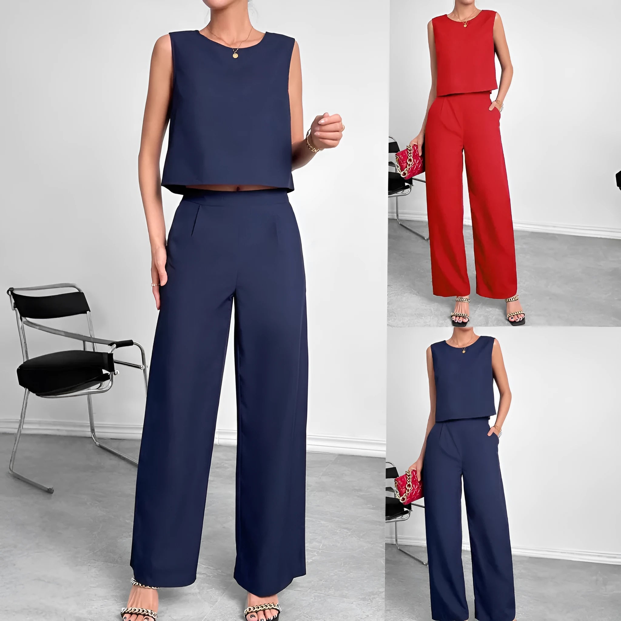 Red sleeveless top and wide leg pants two-piece outfit set for women.