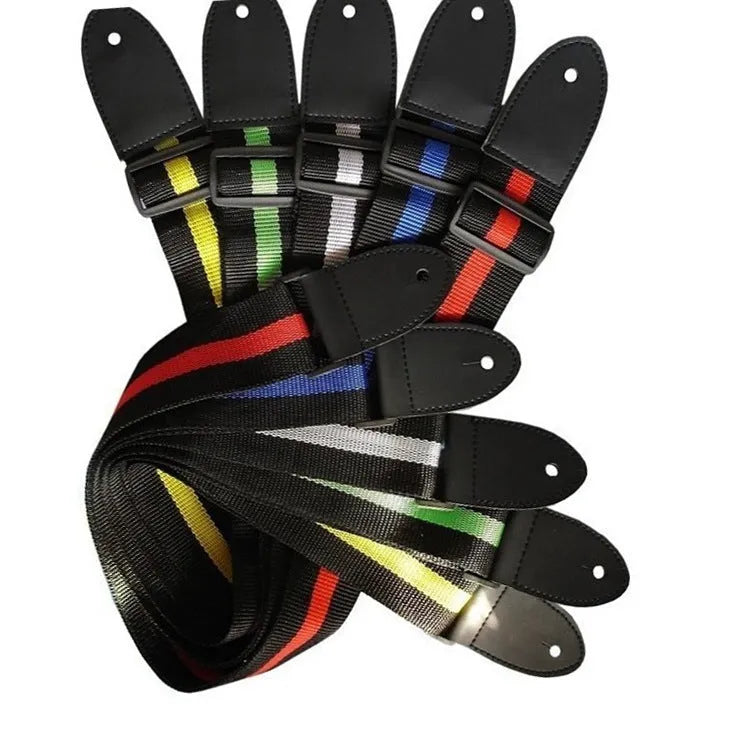 Folk stripe patterned woven instrument strap for electric guitar, bass, or ukulele.