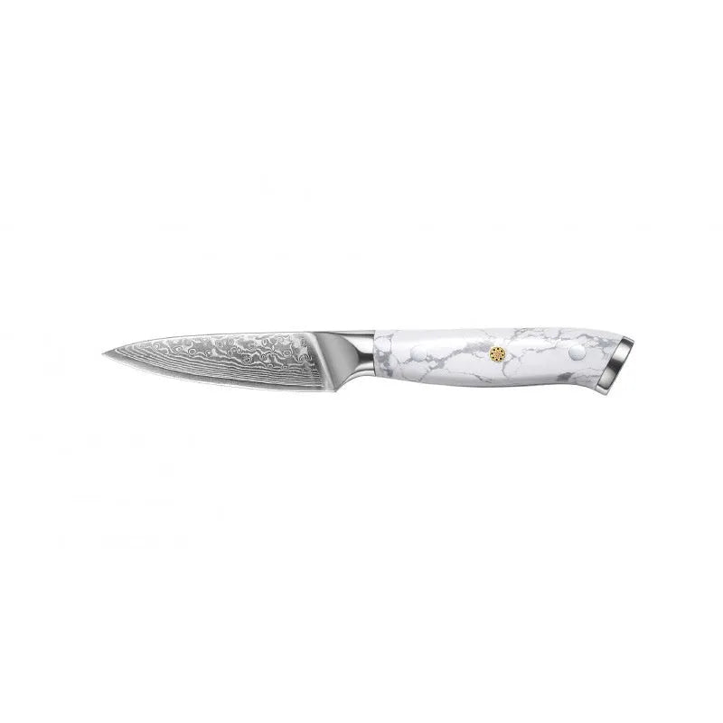 Damascus pattern chef knife with VG10 steel blade measuring 21cm, shown on a kitchen counter.