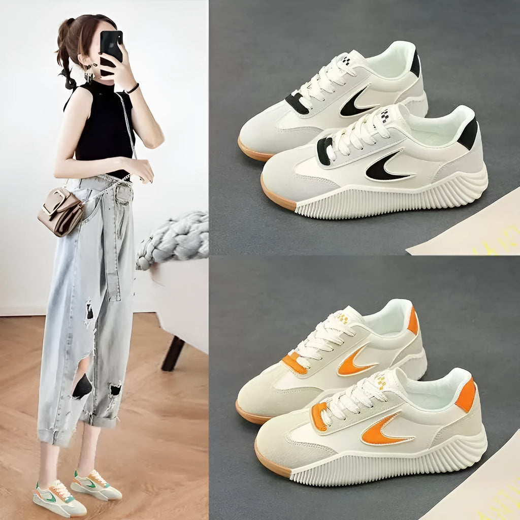 Soft leather casual sneaker in beige orange, low top flat heel round toe, with rubber sole