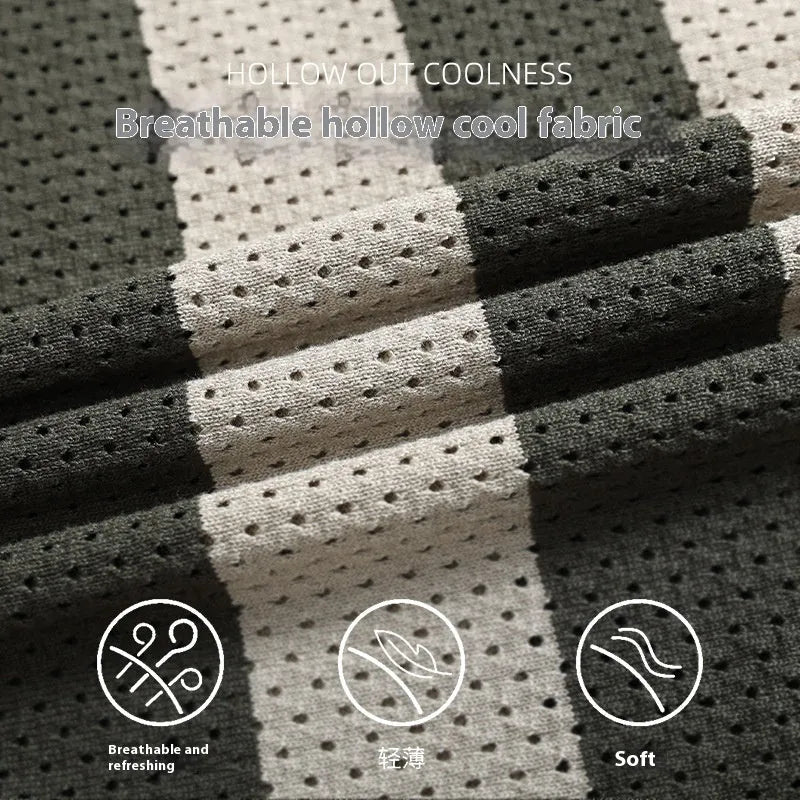 Men's black and white striped short sleeve summer sweater with zipper decoration detail