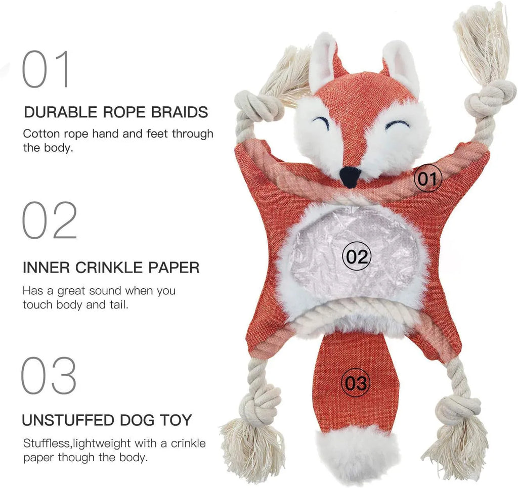 Brown fox plush dog toy with embroidered eyes, cotton rope arms and legs with knots