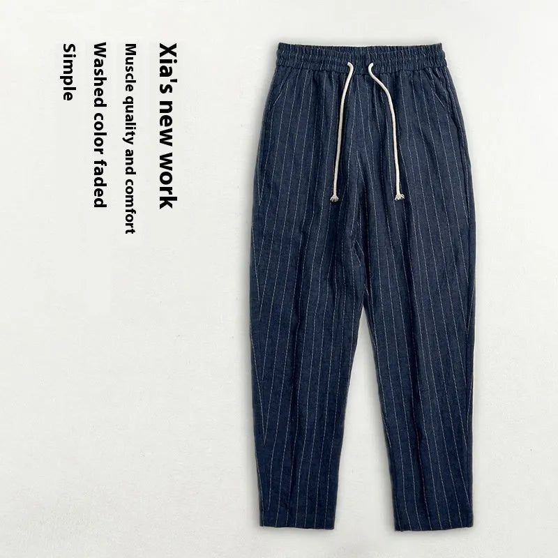 Cotton linen men's summer thin casual cropped pants with striped pattern in khaki colour