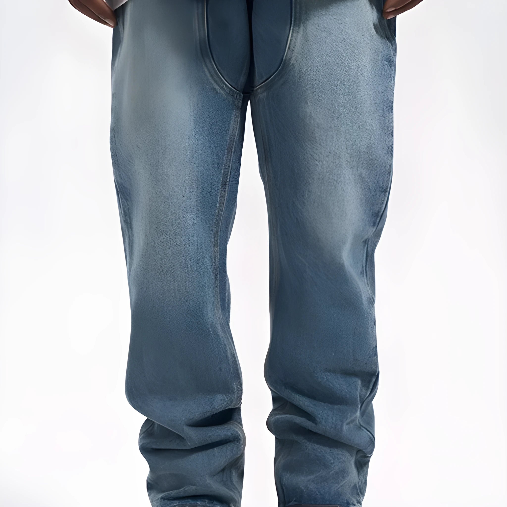 Men's casual western vintage jeans in washed blue, water-washed denim with zipper fly, front view