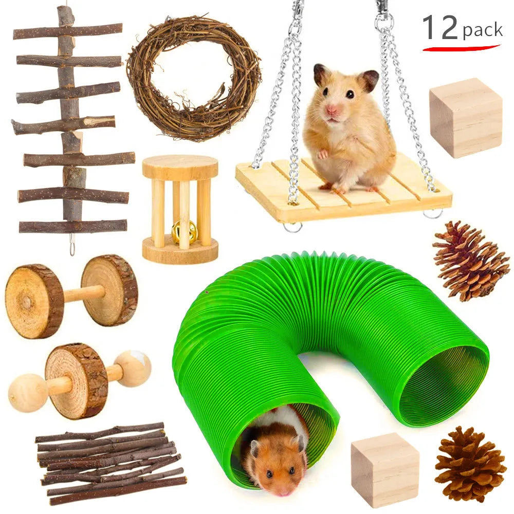 Assortment of natural wooden and woven chew toys for small pets like rabbits and parrots.