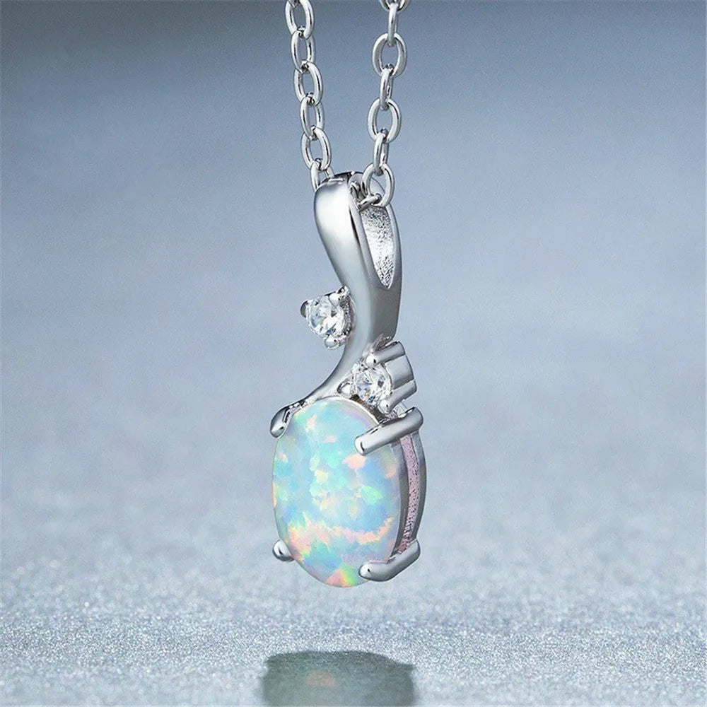 Water drop shaped opal pendant necklace on adjustable O-shaped alloy chain in rose gold or white finish